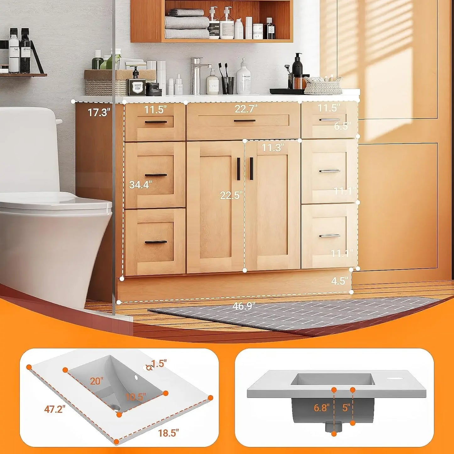 48-Inch Bathroom Vanity with Sink - High-End Bathroom Cabinet for Family Use, Solid Wood Construction, Ceramic Sink, Customized