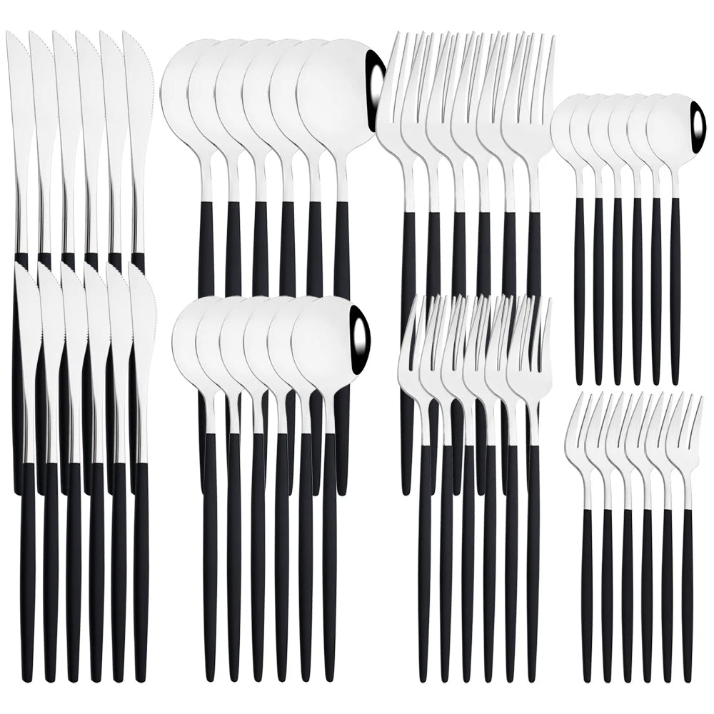 48pcs Black Gold Cutlery Set Knife Dessert Fork Coffee Spoon Dinnerware Stainless Steel Tableware Western Party Kitchen Flatware