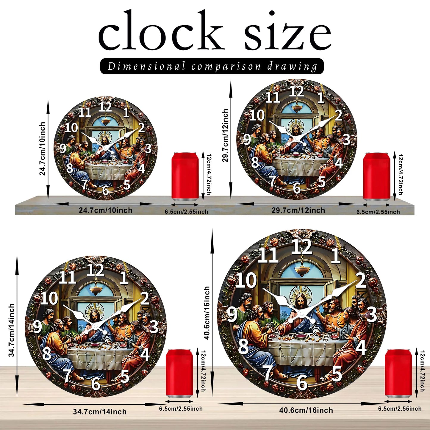 A wooden veneer wall clock, "Last Supper" themed design Flat wall clock, non-ticking silent clock, Living Room Bedroom, Office,