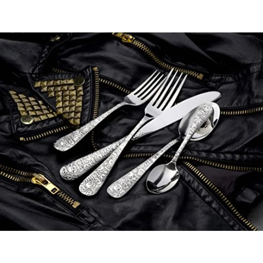 Calavera Skull 45 Piece Flatware Set for 8 Silverware Made in USA Stainless Steel Silver Finish Durable and Elegant Dining Cutl