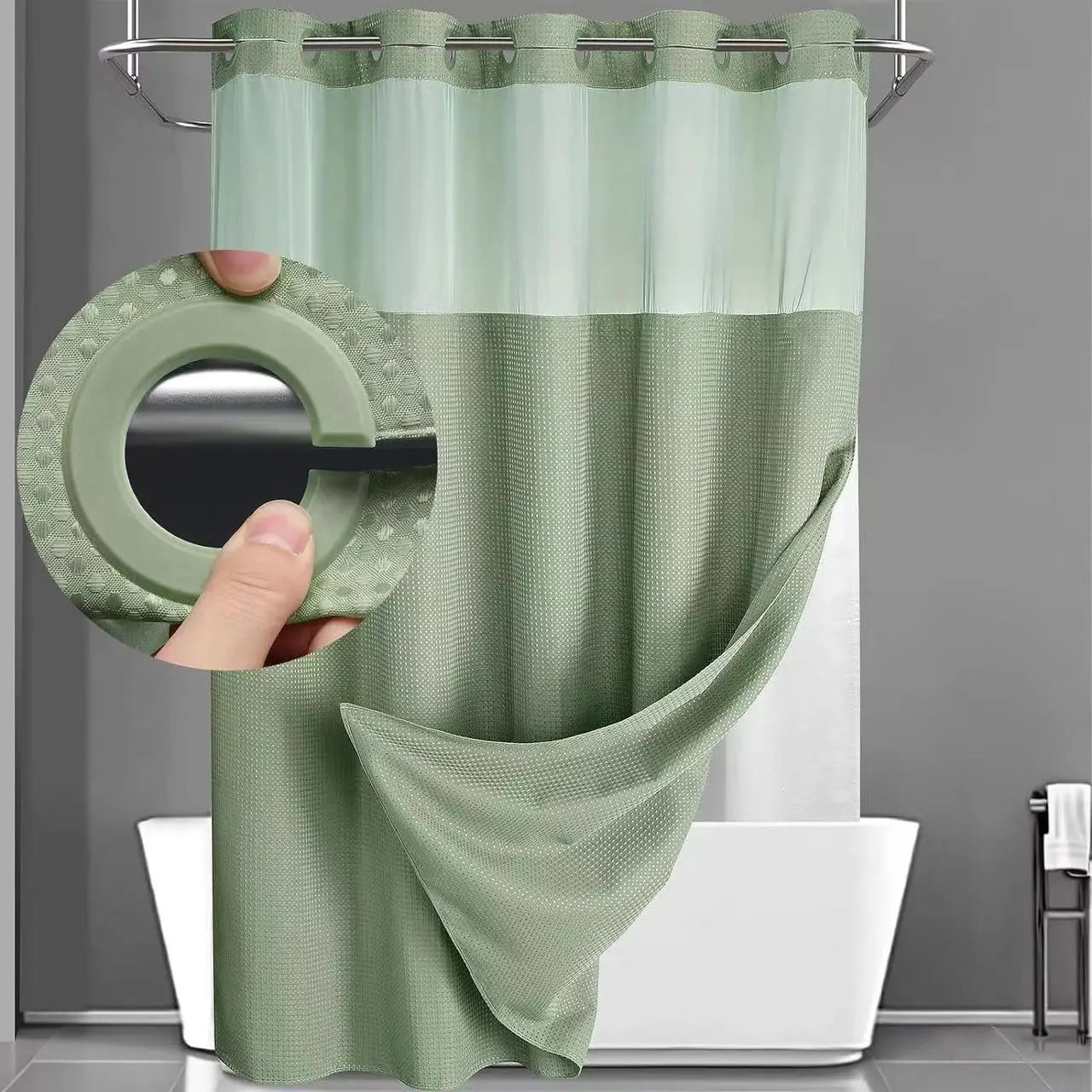 1PC Dotted Waffle Weave Shower Curtain Set Hotel Spa Grade Fabric 71x74 with Snap-In Liner No Hooks Required