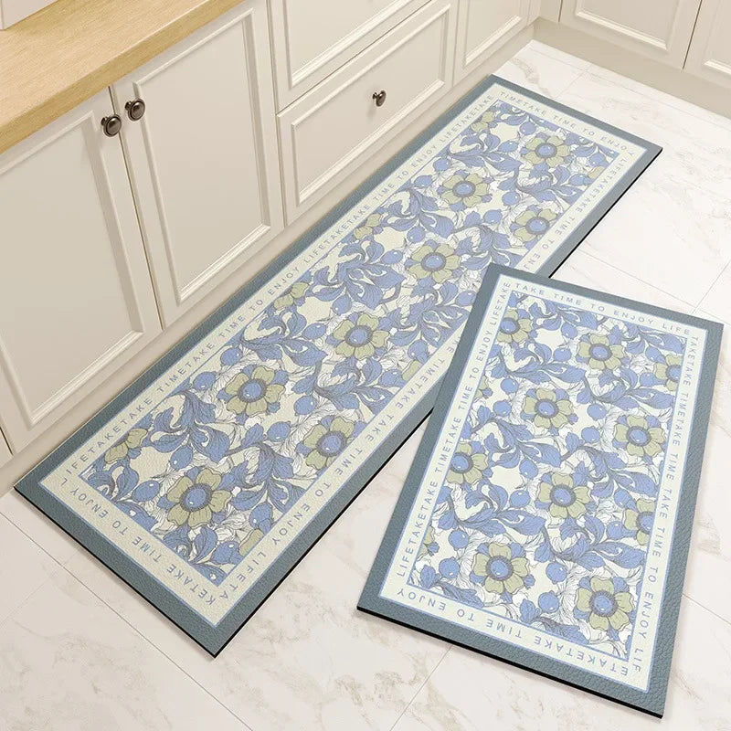 Kitchen Pvc Floor Mat Leather Waterproof Non-slip Carpet Oil-proof Foot Mats Pink Flower Pattern Home Decoration Rug Vinyl Rugs