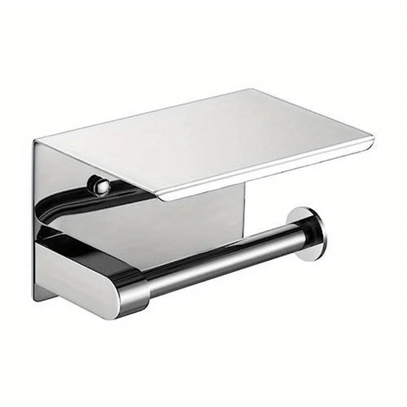 Toilet Paper Holder with Phone Shelf, Wall Mounted Stainless Steel Tissue Dispenser, Bathroom Single Roll Toilet Paper Holder