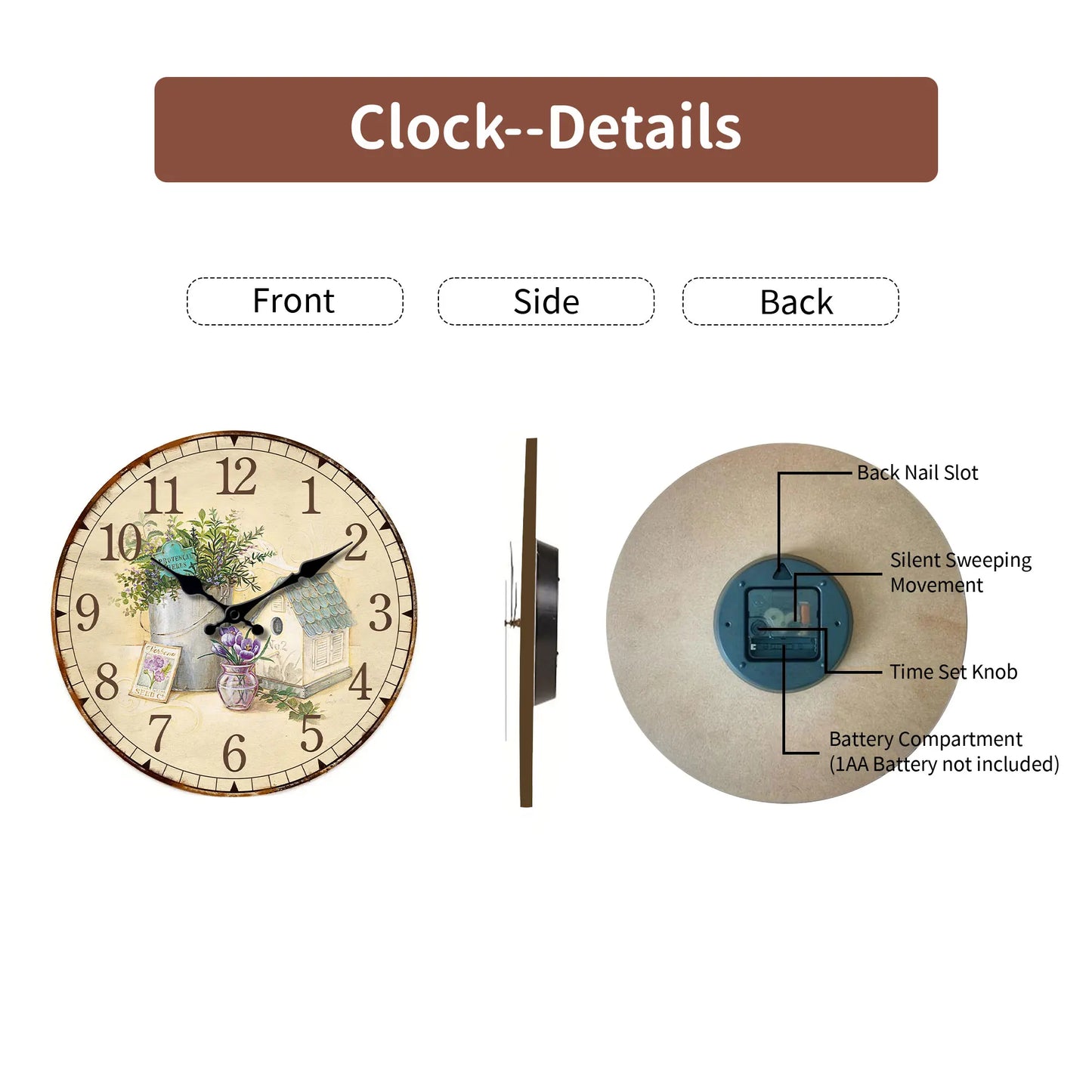 1pc retro wooden wall clock, beautiful lavender-Provence vanilla design wall clock, 10-16 inch mute clock, Home decor, Living Ro