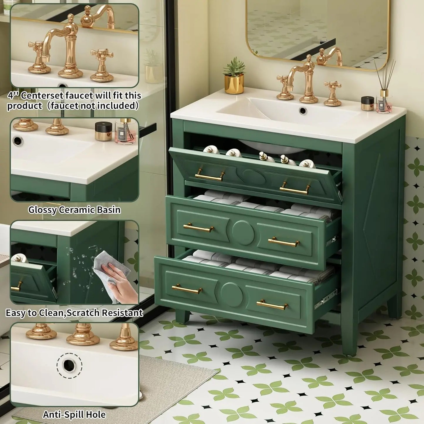 30in Solid Wood Bathroom Vanity Ceramic Sink Storage Cabinet Tip-Out & 2 Full-Extension Drawers Bath Powder Room Customized