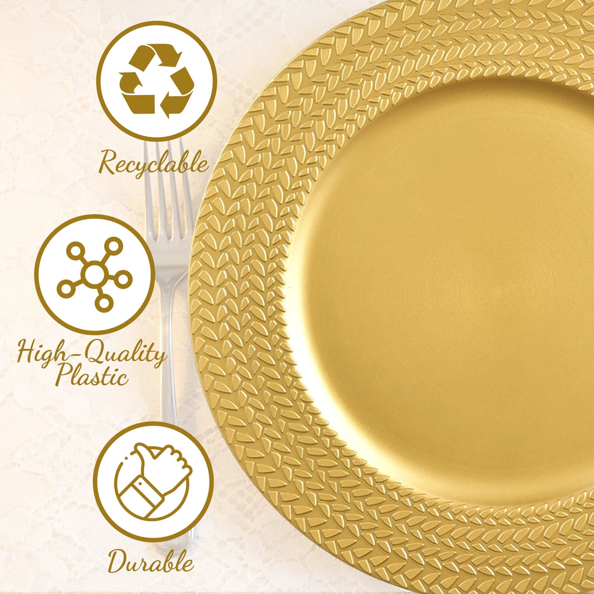 Set of 50 Gold Charger Plates 9 Inch Plastic Reusable Decorative Dinner Chargers, Antique Gold Round Serving Plates with Olive Leaf Pattern Embossed Rim, Heavy Duty Table Chargers for Wedding Party Banquet Christmas Table Set