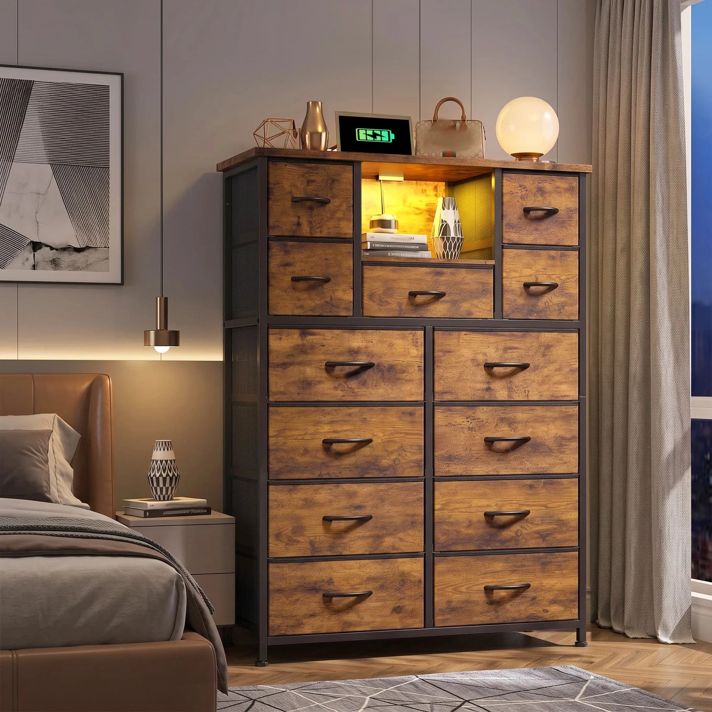 EnHomee 47" Fabric Dresser with LED Accent Lights & Built‑In Charging Hub – 13 Drawers + Open Shelves – Versatile Organizer for Bedroom, Entryway, and Hallway Use