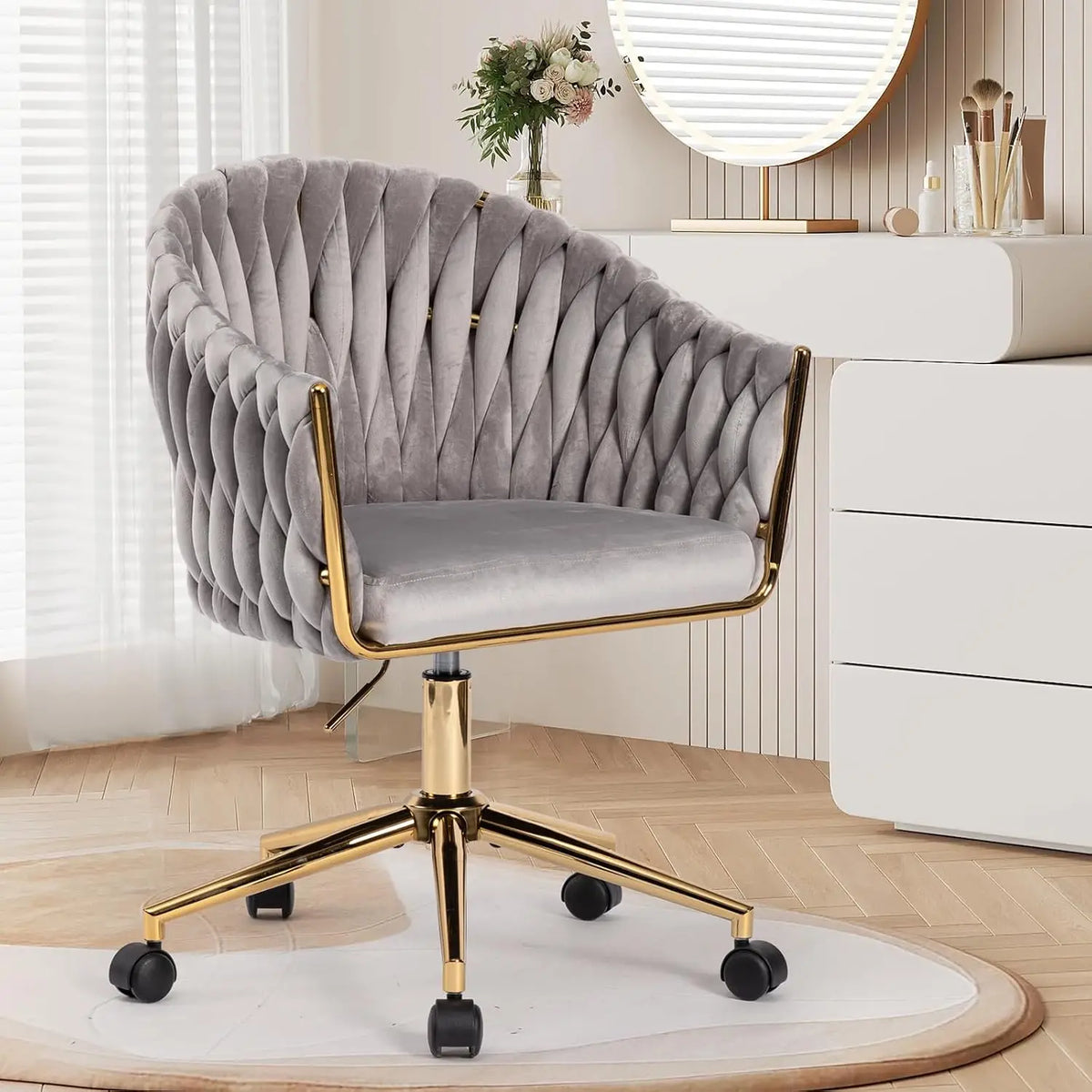 Cute Fabric Rolling Chair Vanity Office Desk Chair with Back Wheel Pink, Customized