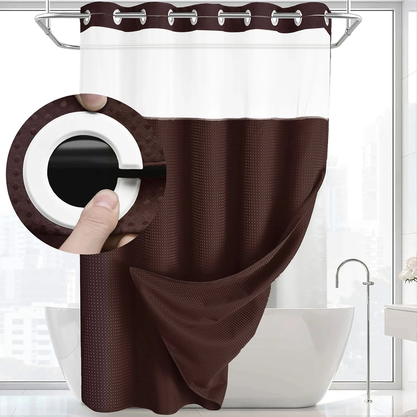 1PC Dotted Waffle Weave Shower Curtain Set Hotel Spa Grade Fabric 71x74 with Snap-In Liner No Hooks Required