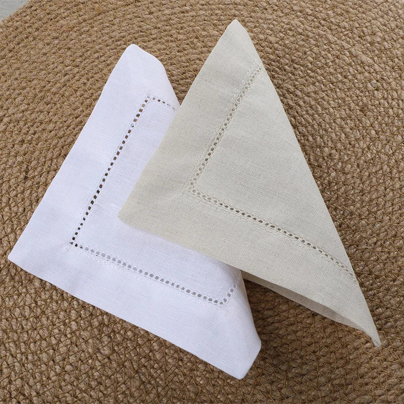 Set of 12 White Linen&Cotton Hemstitched Cocktail Napkins 6X6 Inch Washable Cloth Napkin Coasters for Wedding Bar Beverage Party