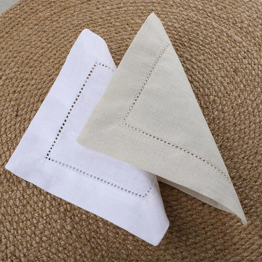 Set of 12 White Linen&Cotton Hemstitched Cocktail Napkins 6X6 Inch Washable Cloth Napkin Coasters for Wedding Bar Beverage Party