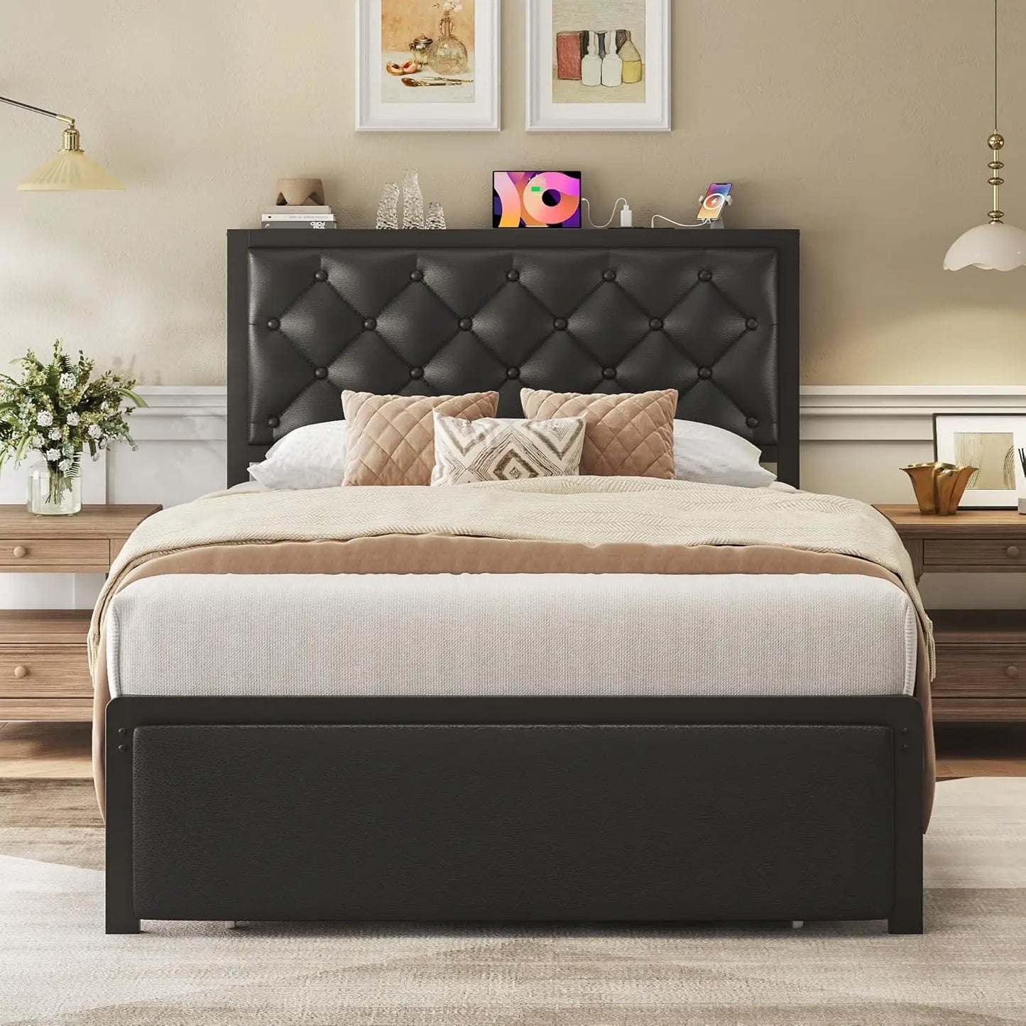 Twin Bed Frame with Storage Drawer, Upholstered Headboard Button Tufted Bed Frame with Charging Station, No Box Spring Needed, Noise-Free, All Metal Structure, Black