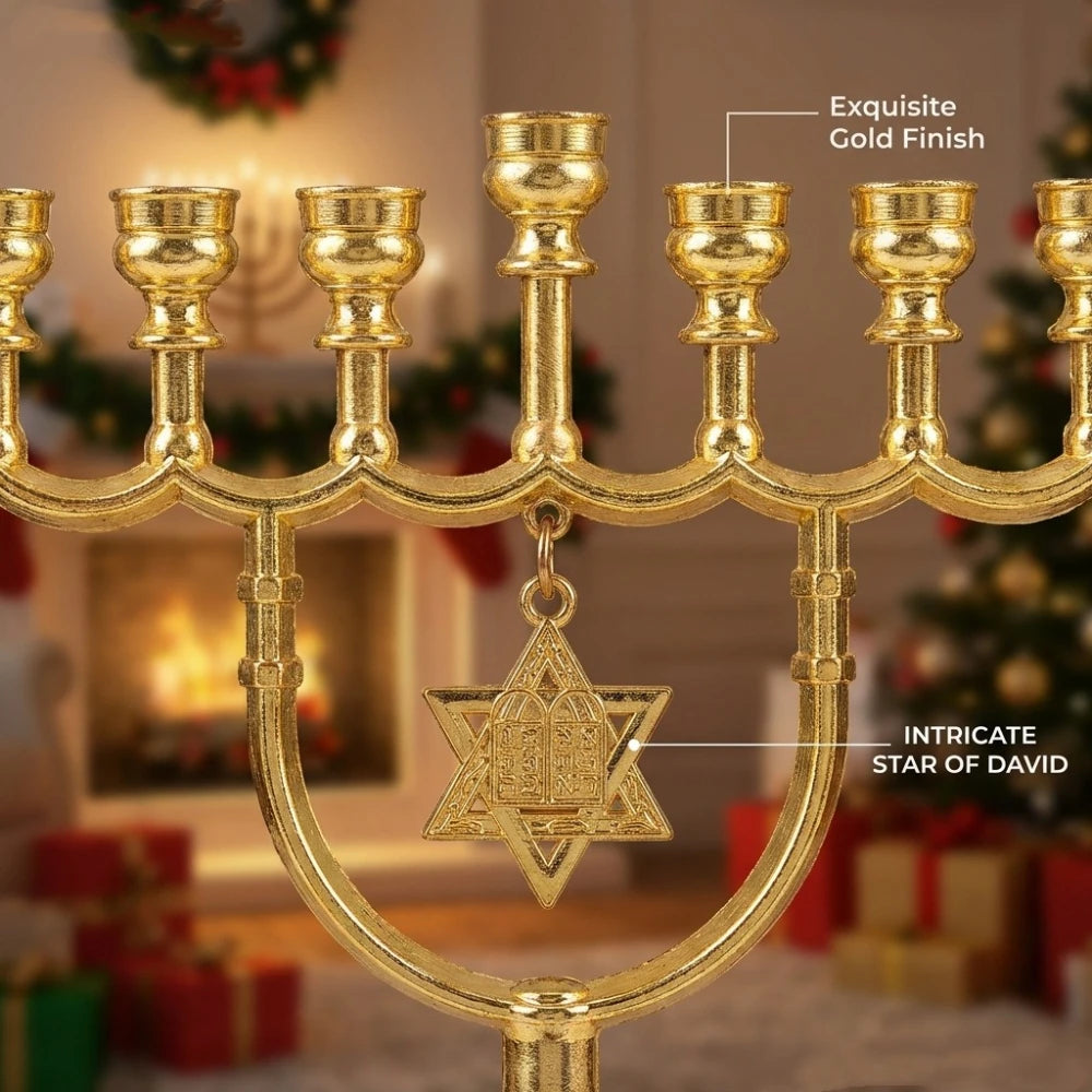 1PC Jewish 7 Branch Menorah Gold Zinc Alloy Candlestick with Star of David Religious Candle Holder for Hanukkah Home Decor