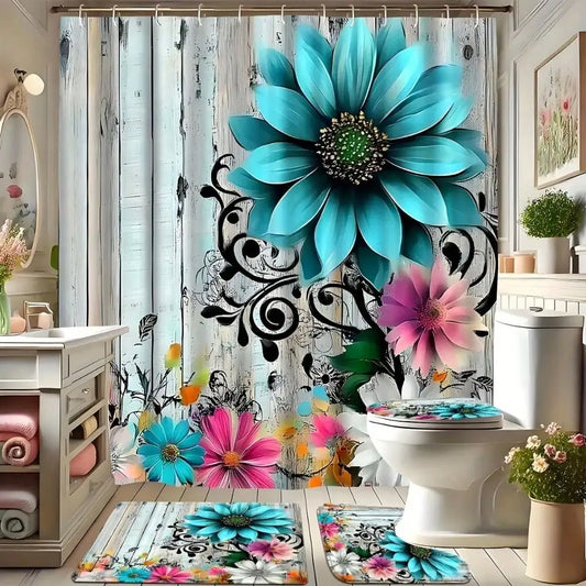 1/3/4pcs Countryside Cottage & Floral Bathroom Set, Including Non-Slip Bath Mat, U-Shaped Rug, Toilet Lid Cover, Shower Curtain With 12 Durable Hooks, High-Quality Bathroom Decor & Accessories, Suitable For All Occasions, Gre