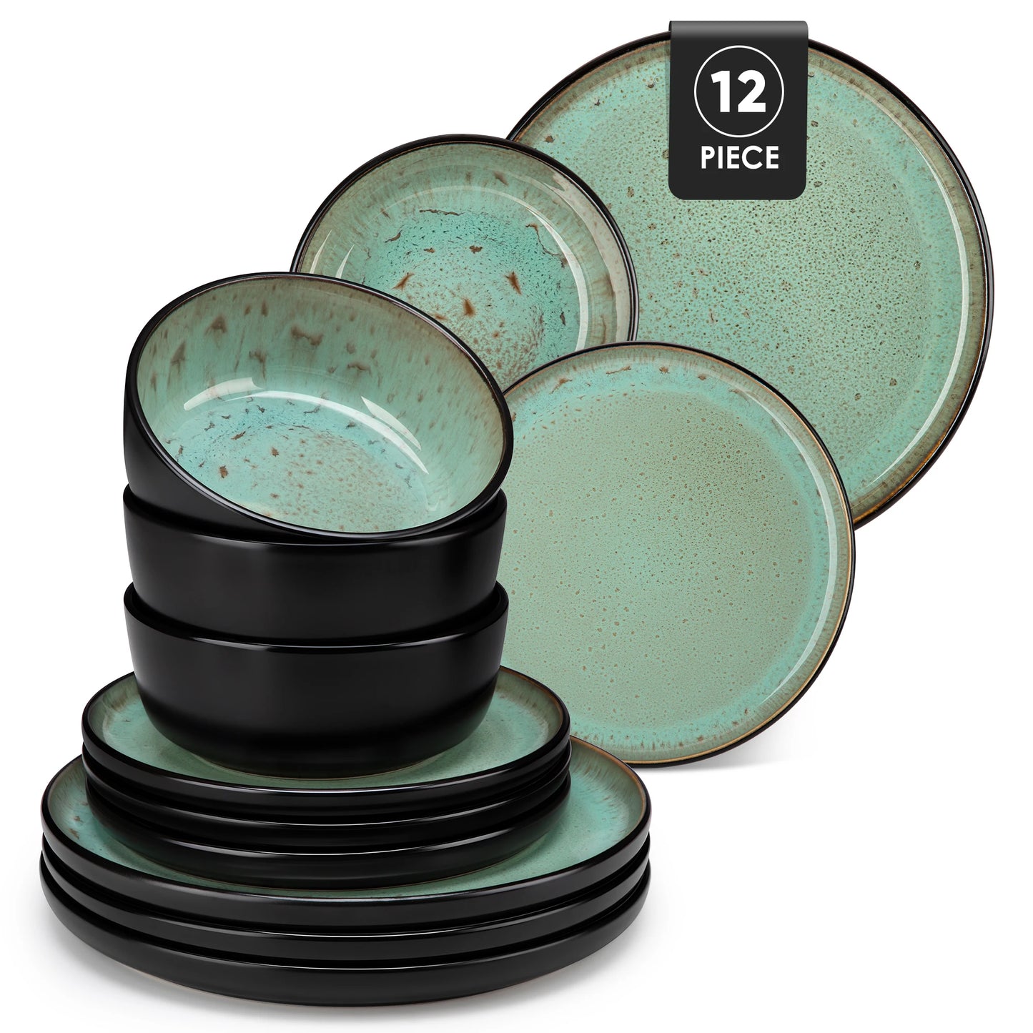vancasso AMBER 12/16 Piece Ceramic Dinnerware Set Matte Black Stoneware Plats Set with 4/6 pcs Dinner Plate/Dessert/Bowl/Soup