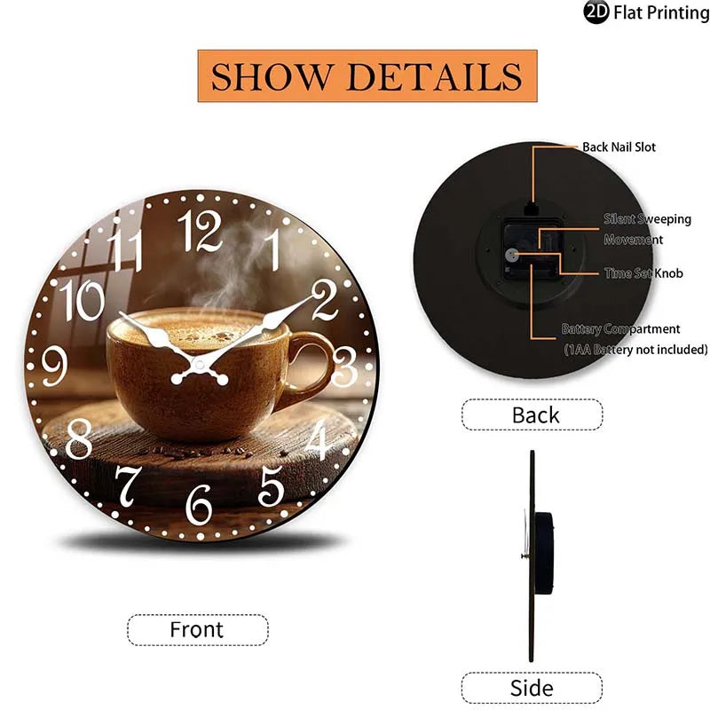 Wooden Silent Wall Clock Coffee cup with steam clock face Quartz Clocks Farmhouse,Office,Idea Christmas,Halloween,New Year Gift