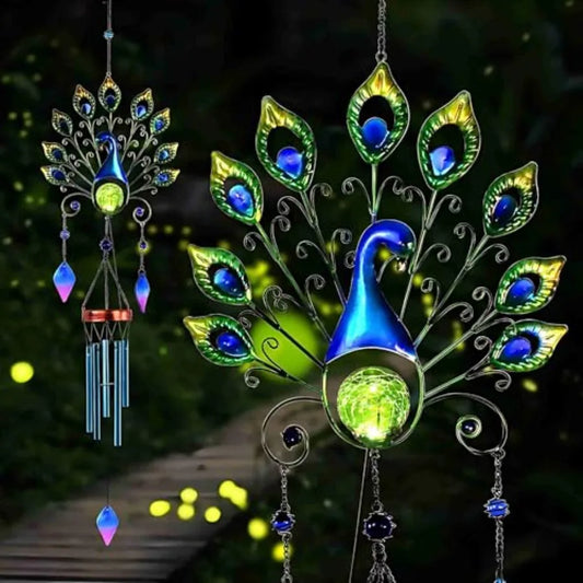 Solar Wind Chimes Outdoor Gifts for Mom Large Metal Peacock Wind Chimes Light with Crackle Glass Ball, Waterproof