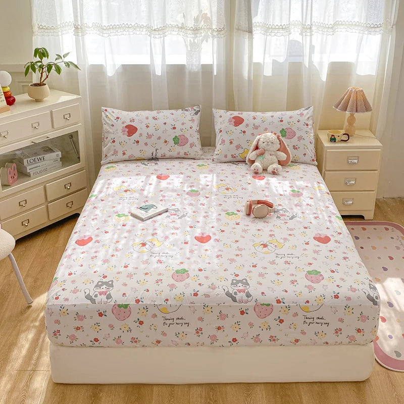 2025 New Bed Hat Print Cartoon Water Clouds Cotton Bedspread Student Mattress Cover Skin Friendly Full Wrap with Elastic Sheet