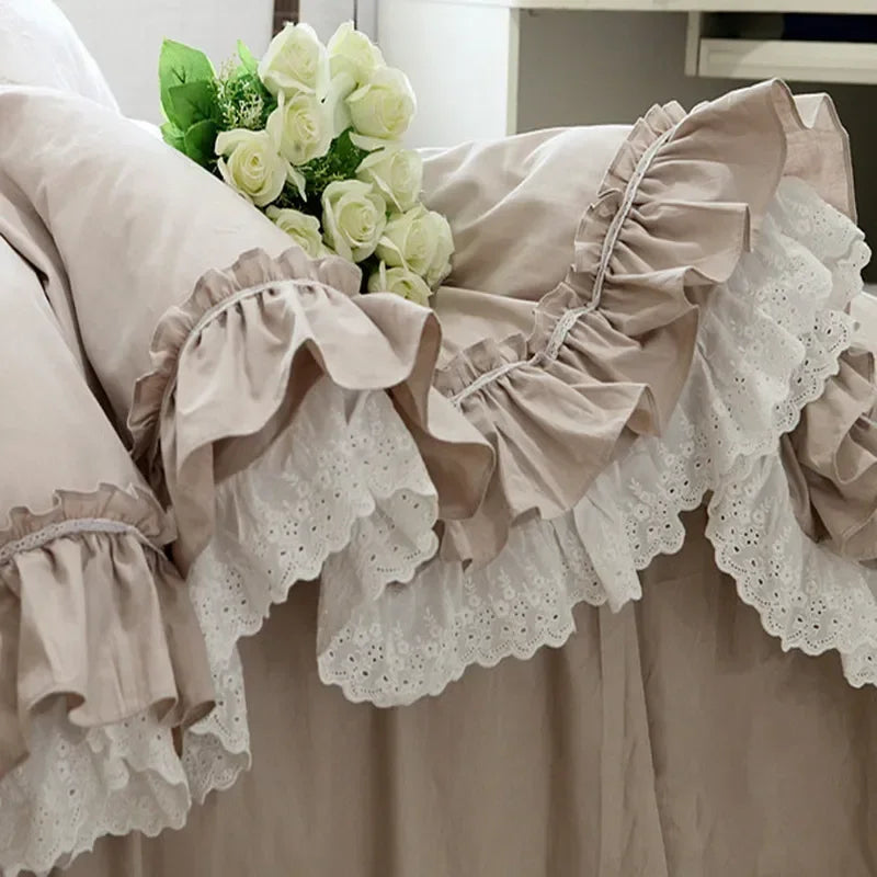 Top Romantic Lace Ruffle Duvet Cover Queen Solid Home Bedding Duvet Cover King Size 100% Cotton Elegant Bedroom Quilt Covers