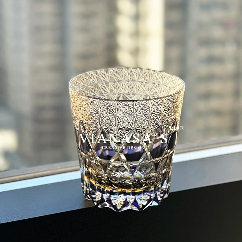 CHAMVIN'S Amethyst Edo Kiriko Hand-Engraved Whiskey Glass Crystal Tumbler Barware