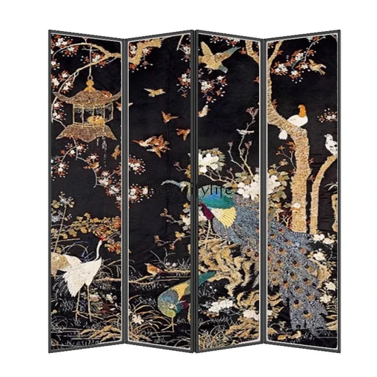 56French retro screen partition living room entry background mobile folding entrance flowers and birds