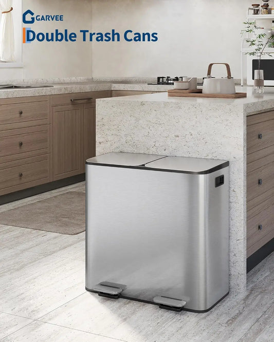 Stainless Steel Dual Trash Can Double Compartment Garbage and Recycling Bin Combo with Lid,Step-On Pedal,Removable Liner Buckets