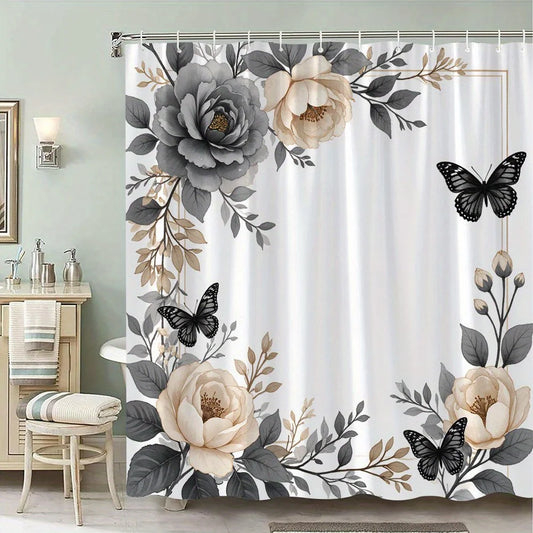 Grayscale Floral Shower Curtain Roses Peonies Black Butterflies Sepia Tone Vintage Botanical Print Design Elegant Bathroom Decor 12 Hooks Multiple Sizes Polyester Fabric Waterproof Machine Washable Bath Curtain Home Bathroom