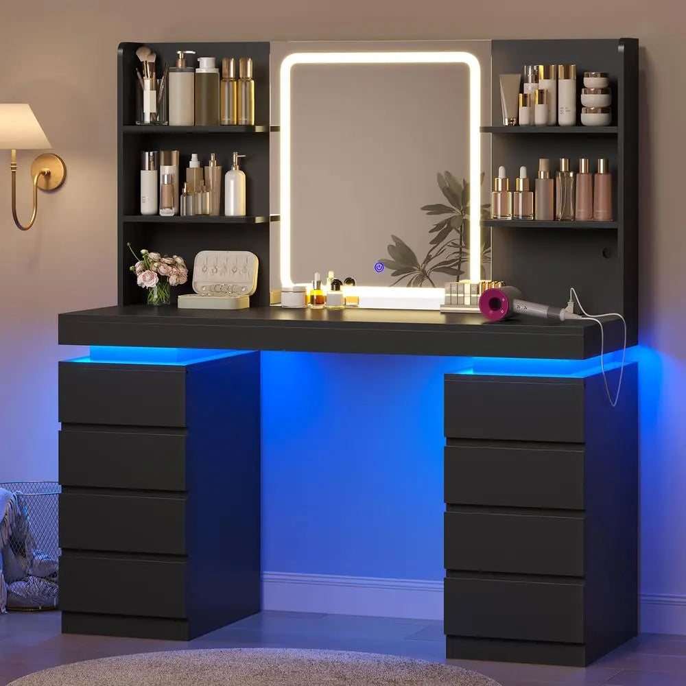 Vanity Desk with Mirror amp Lights, 8 Drawers Black Builtin Charging Station, Large Makeup Vanity with RGB Lights Floating Desk