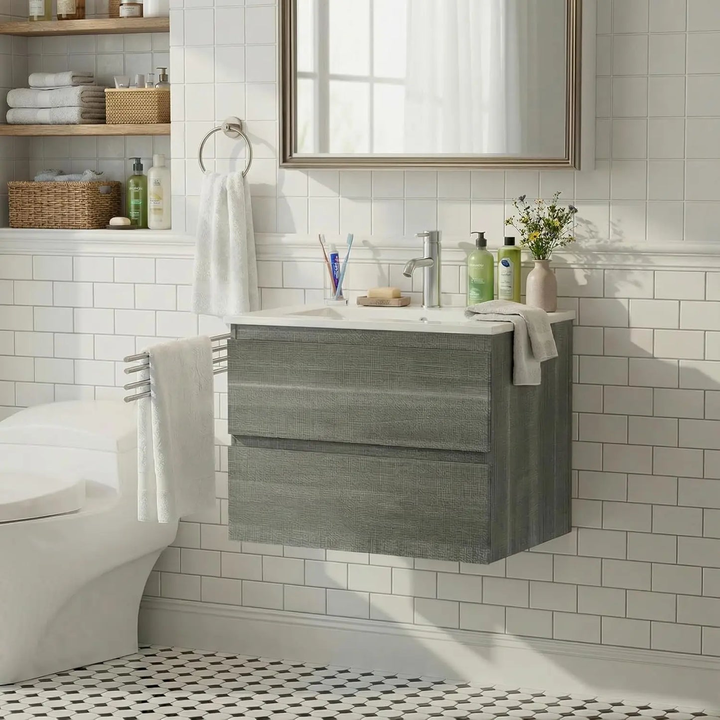 24 Inch Floating Bathroom Vanity with Sink, Modern Wall Mounted Small Bathroom Vanity, 2 Drawer Bathroom Sink, Customized