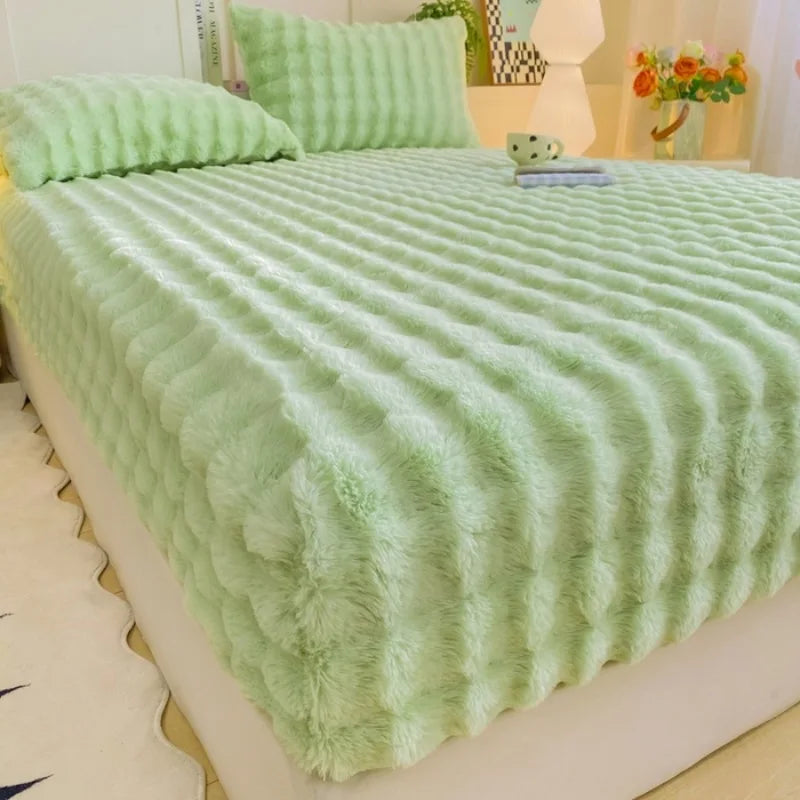 Fluffy Plush Fitted Bed Sheet for Winter Solid Color Rabbit Fleece Bed Sheets on Elastic Winter Warm Thicken Mattress Protector