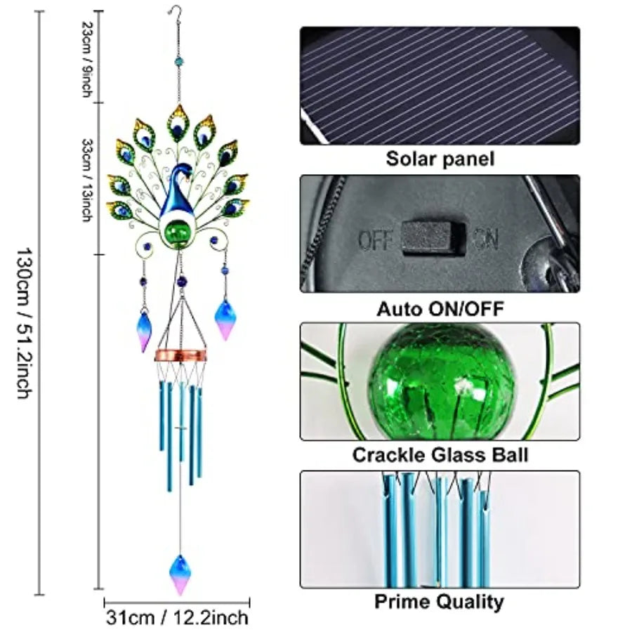Solar Wind Chimes Outdoor Gifts for Mom Large Metal Peacock Wind Chimes Light with Crackle Glass Ball, Waterproof