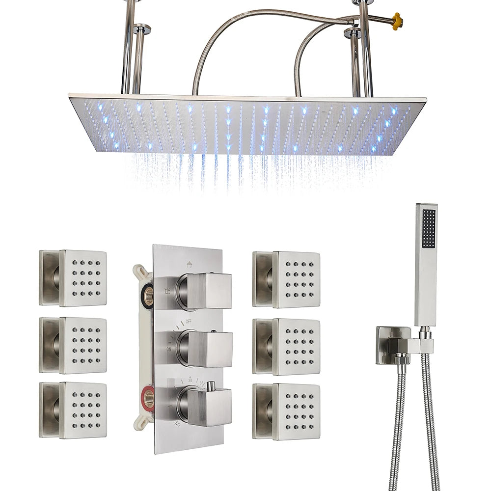 Bathroom Brushed Gold Thermostatic Shower Faucet Big Rainfall Head Ceiling Mounted Bathtub Mixer Tap Bath Shower Set System