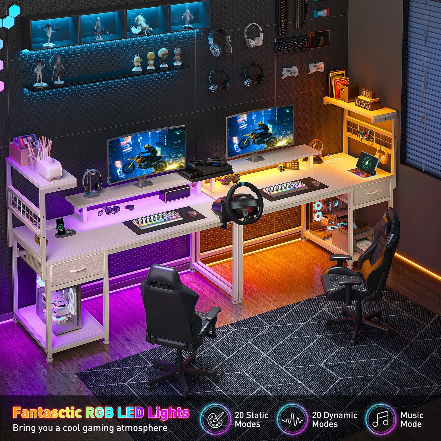 40"Gaming Computer Desk with Power Outlets RGB LED Lights Office Desk with Drawer Storage Shelves Monitor Stand For Small Space