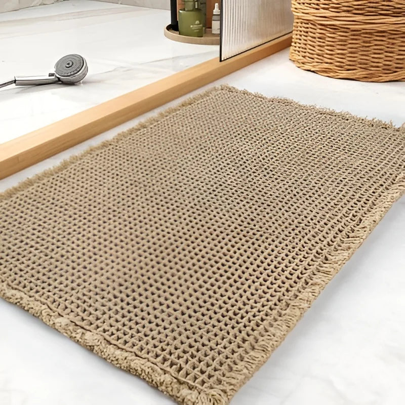 Non Slip Waffle Brown Bathroom Rugs, Super Absorbent Quick Dry Soft Washable Small Bath Mat with Tassels for Bathroom Floor