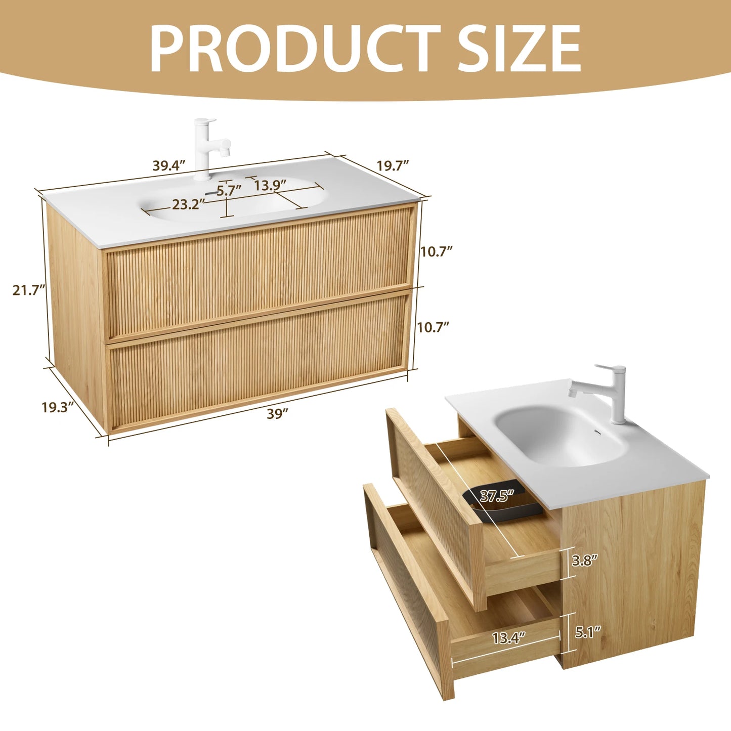 40-Inch Floating Bathroom Vanity with Sink, Natural Oak Fluted Front, Multi-Layer Solid Wood, Wall-Mounted, White Stone Top