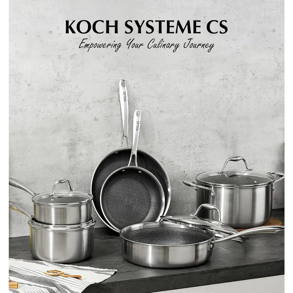 US Shipping Triply Stainless Steel Cookware Set 10 Piece Nonstick Hybrid Pots and Pans Set with Honeycomb Interior 18/10
