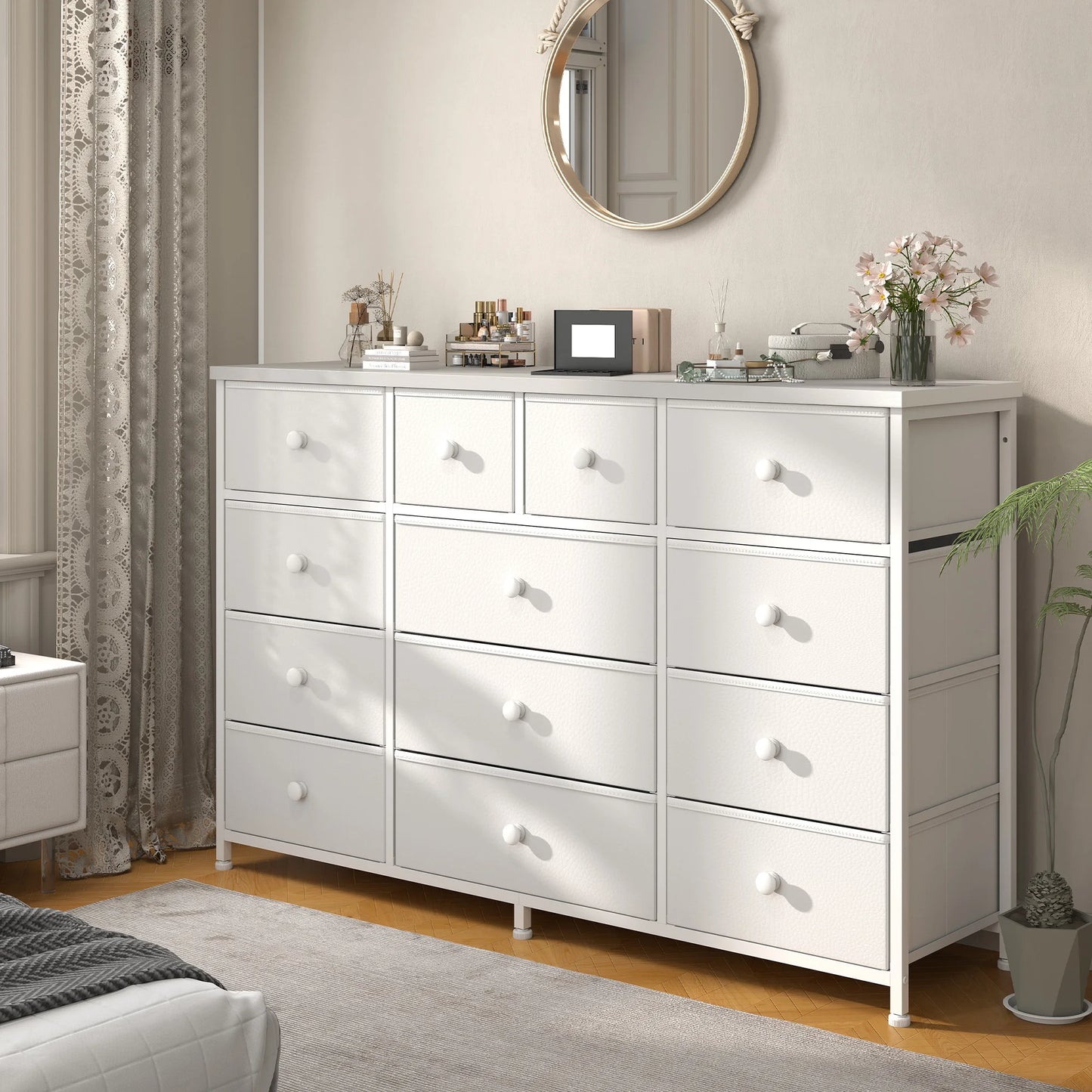 EnHomee 47 Inch Wide 13 Dresser with Fabric Drawer and Wood Top, TV Stand for Bedroom Living Room Hallway or Apartment