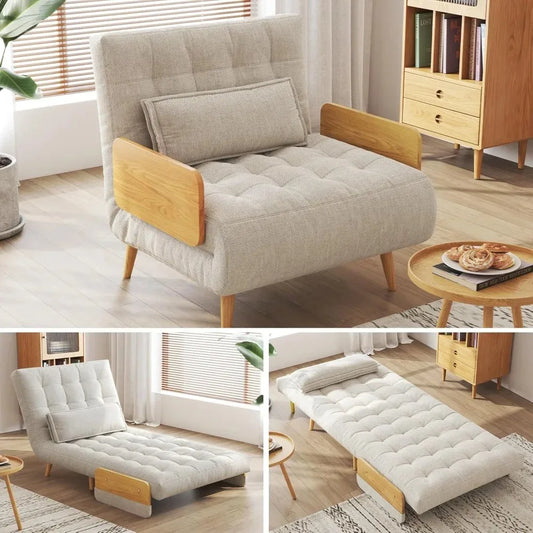 Linen 3-in-1 Convertible Chair Bed Sleeper for Adults Foldable Single Futon with Wooden Arms And Pillows - Comfortable, Customized