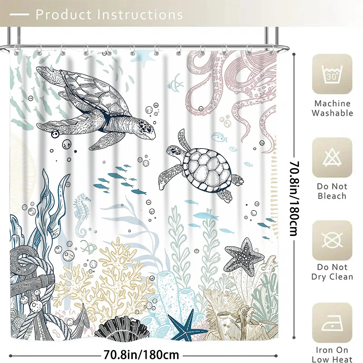 4 Pcs/Set Sea Turtle & Coral Shower Curtain Bathroom Set, Coastal Nautical Print Waterproof Mildew Resistant Fabric, Family Bathroom Decor, Minimalist Ocean Style Bath Mat Set, Fits Apartment, Guest Bathroom, Home Use, Includ