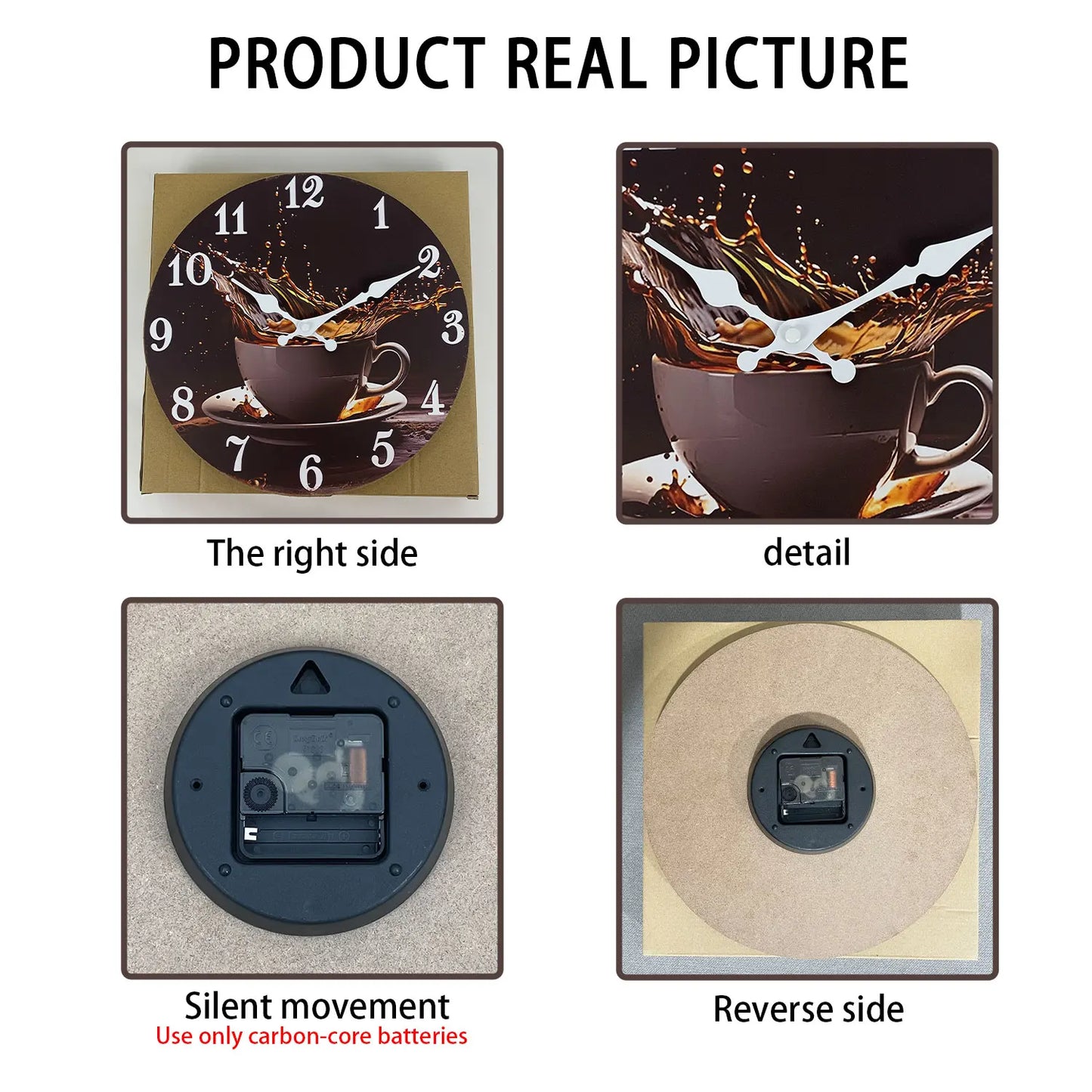 A Stylish Modern Coffee Cup Splash Wooden Wall Clock for Living Room, Bedroom, Kitchen, Home Decoration, Silent Quartz Clock, Holiday Gift, 10 Inches, 12 Inches (No Battery)