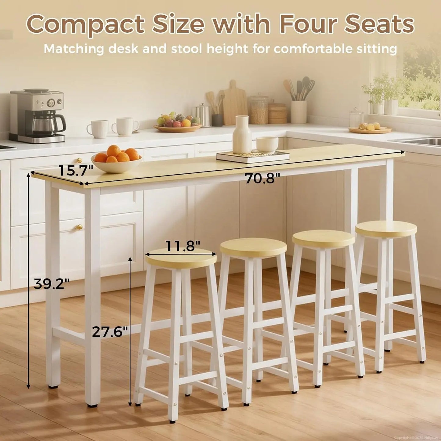 71" Bar Table and Chairs Set, 5-Piece Bar Height Pub Table with 4 Stools, Tall High Top Table with Sturdy Metal, Customized