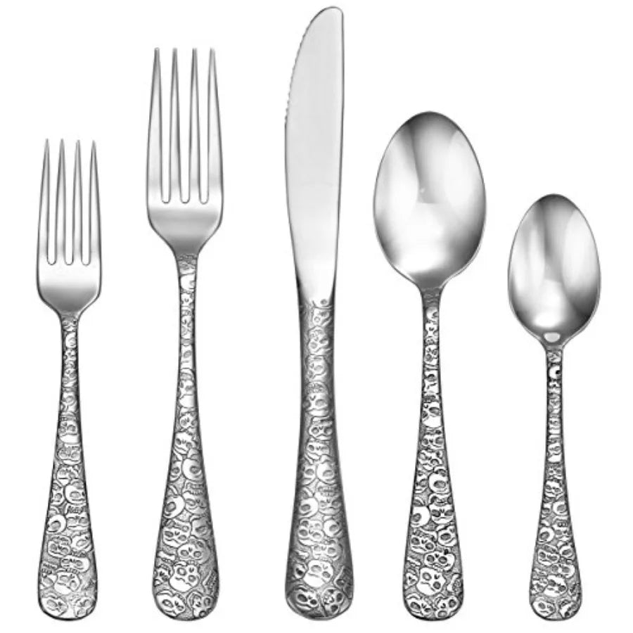 Calavera Skull 45 Piece Flatware Set for 8 Silverware Made in USA Stainless Steel Silver Finish Durable and Elegant Dining Cutl