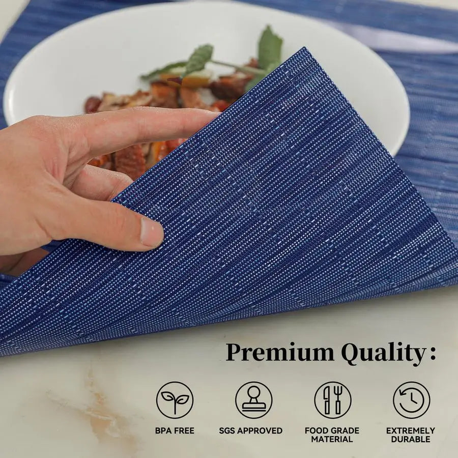 Blue Placemats Set of 12 Heat Resistant NonSlip Place mats for Dining Table, Washable Durable PVC Vinyl Woven Table MatsBlue, 12