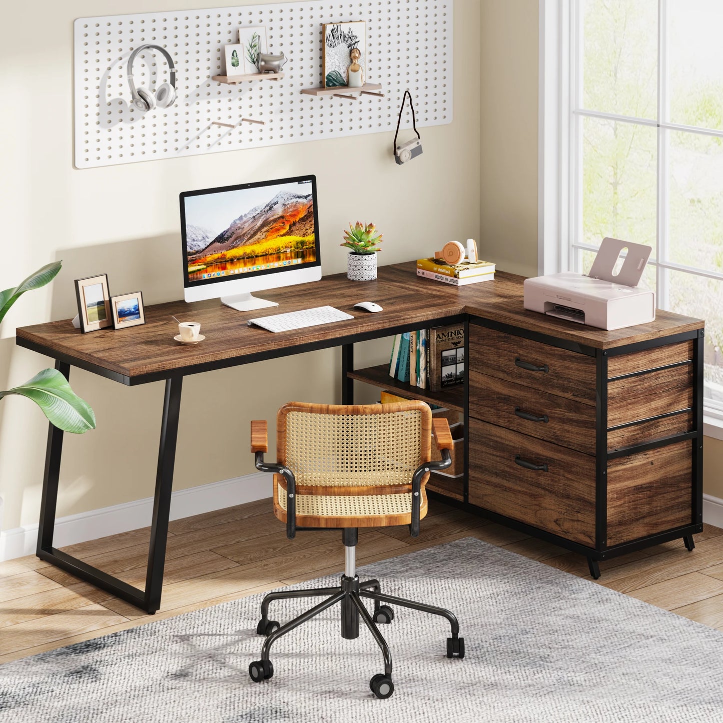 Tribesigns L-Shaped Computer Desk with 3 Drawers, Reversible Corner Home Office Desk with Shelves, 53-Inch Industrial PC Desk