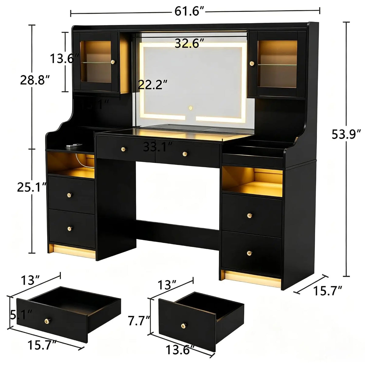62" Large Black Vanity Desk with Glass Top, Makeup Vanity with Mirror and LED Lights, One-Touch 3 Lighting Modes, Dressing Table