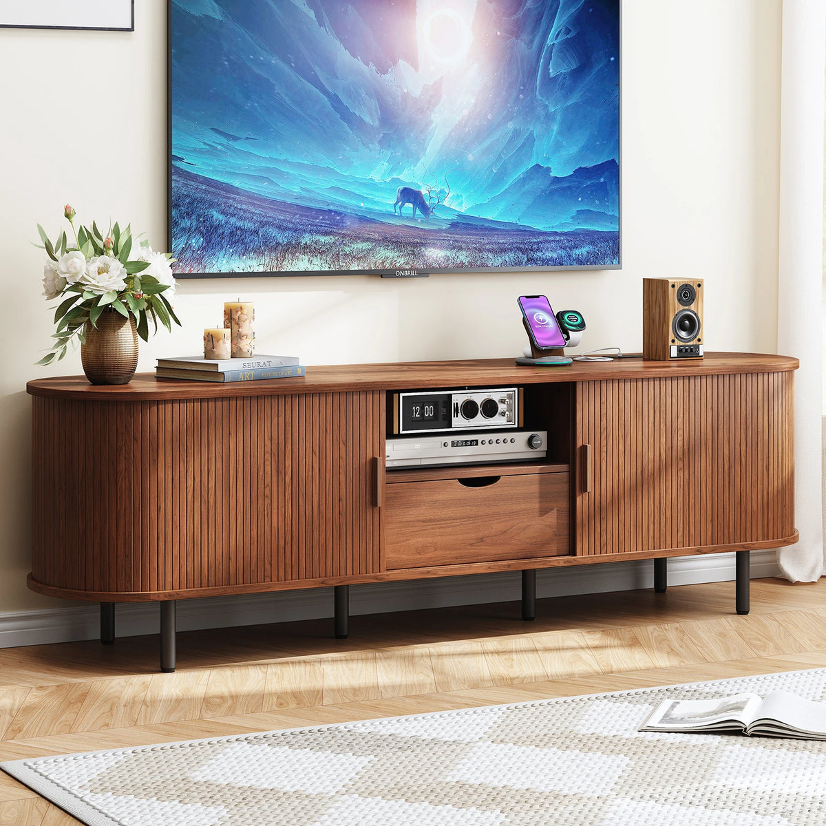 69" TV Stand w/ Power Outlet for TVs up to 80", Entertainment Center w/ Storage & Drawer, TV w/ Adjustable Shelves