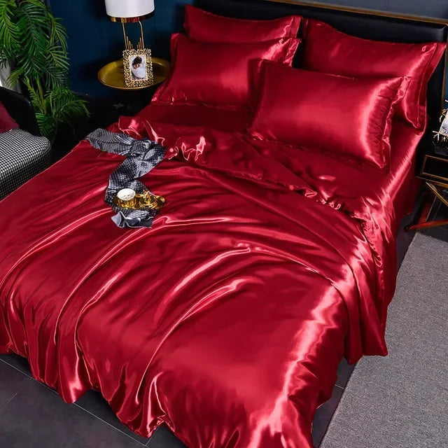 Mulberry 100% Silk Bedding Sets Skin Friendly Ice Silk Bed Sets Quilt Cover with Bed Sheet Pillowcase King Queen Full Twin Size