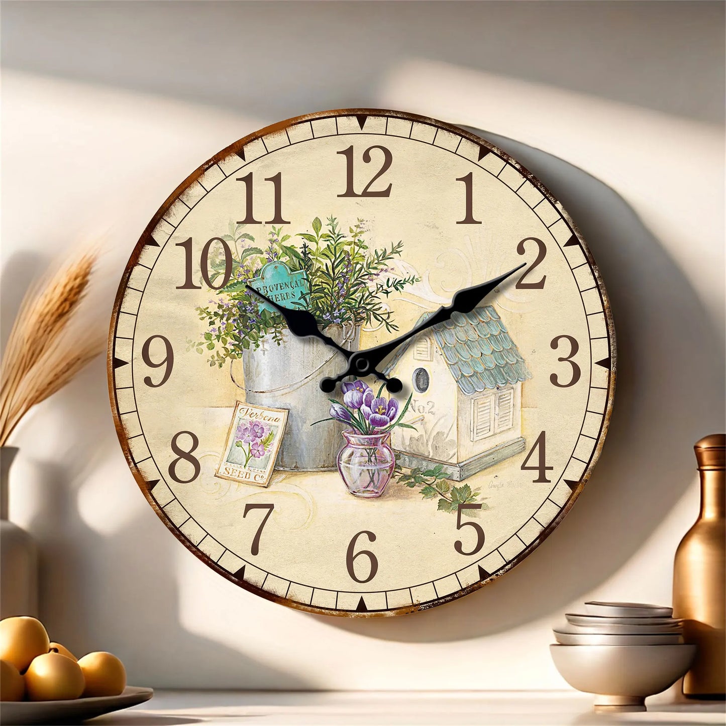 1pc retro wooden wall clock, beautiful lavender-Provence vanilla design wall clock, 10-16 inch mute clock, Home decor, Living Ro
