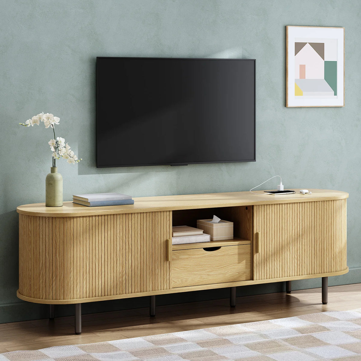 69" TV Stand w/ Power Outlet for TVs up to 80", Entertainment Center w/ Storage & Drawer, TV w/ Adjustable Shelves