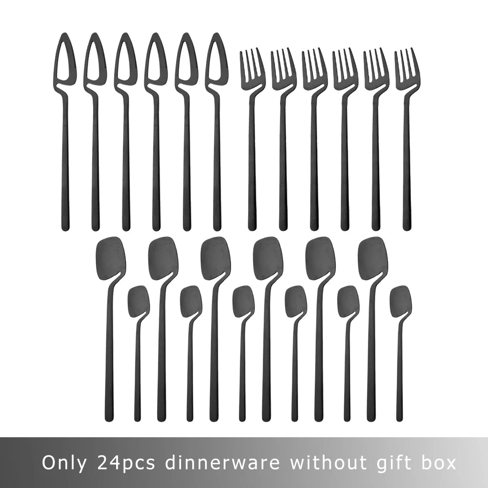 24Pcs Black Dinnerware Set 18/10 Stainless Steel Tableware Set Fork Knife Spoon Cutlery Set Gift Box Flatware Dishwasher Safe